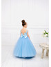 Cap Sleeves Blue Lace Tulle Floor Length Flower Girl Dress